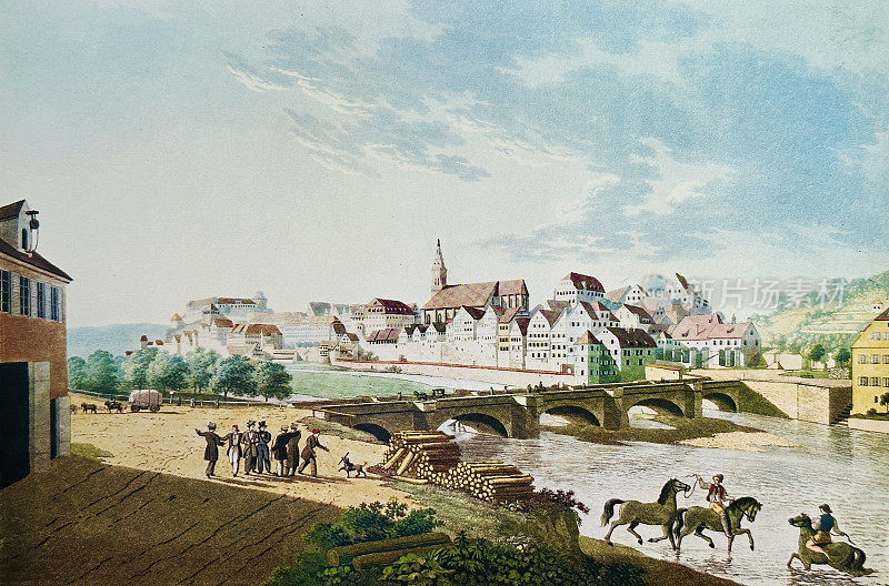 Tübingen, Neckar river and old town, 1825